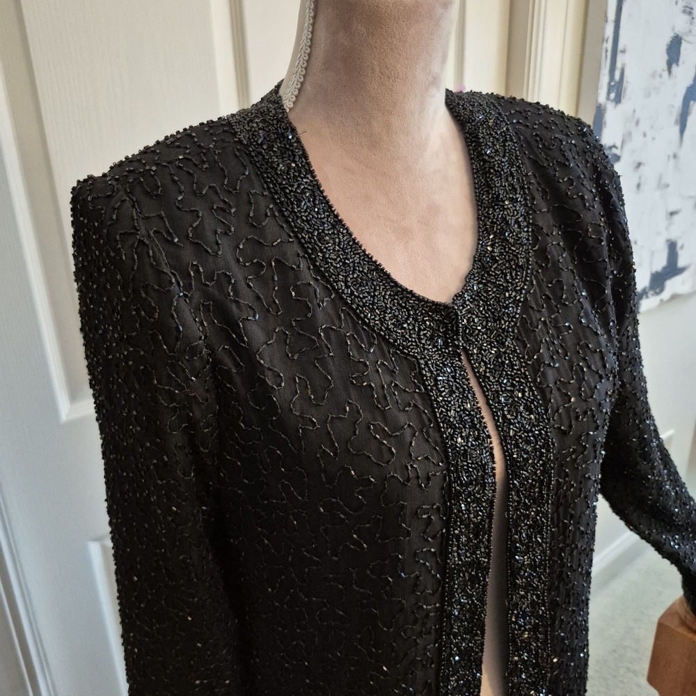 Laurence Kazar Elegant Black Beaded 100% Silk Jacket Blazer Size Medium - Picture 4 of 12